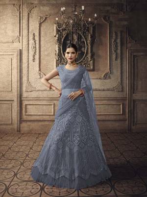 Here Is A Very Beautiful Heavy Designer Lehenga Choli For The Upcoming Wedding Season In All Over Steel Blue Color. This Heavy Embroidered Lehenga Choli Is Net Based Beautified With Detailed Tone To Tone Embroidery. Buy This Rich And Elegant Looking Piece Now.