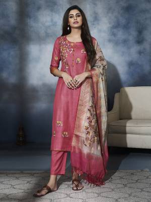 Shine Bright Wearing This Designer Readymade Suit In Dark Pink Color Paired With Grey And Pink Colored Dupatta. Its Top Is Silk Based Paired With Cotton Silk Bototm And Chanderi Silk Fabricated Dupatta. 
