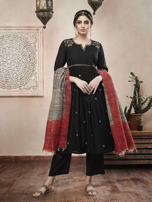 For A Bold And Beautiful Look, Grab This Designer Readymade Suit In Black Color Paired With Grey Colored Dupatta. Its top And bottom Are Art Silk Based Paired With Chanderi Silk Dupatta. 