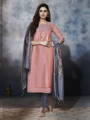 For Your Semi-Casual Wear, Grab This Designer Readymade Suit In Pink Color Paired With Contrasting Dark Colored Bottom And Dupatta. This Pretty Suit Is Silk Based Paired With Chanderi Silk Fabricated Dupatta. 