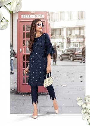 Enhance Your Personality Wearing This Readymade Pair Of Kurti And Bottom In Navy Blue. Its Top And Bottom Are Cotton based Beautified With Pearl work. 