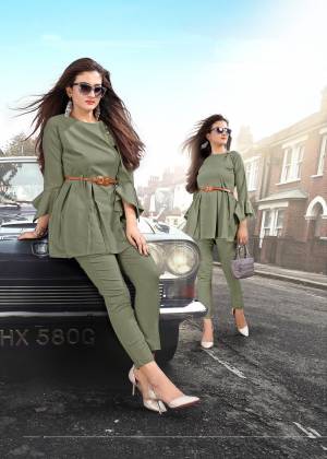 Here Is A Trendy Pair Of Top With Pants In Olive Green Color. This Lovely Readymade Pair Is Fabricated On Rayon Slub Lycra And It Is Avialable In All Sizes. 