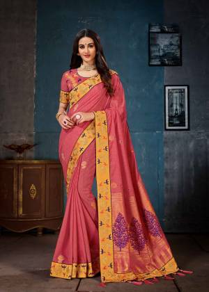 Celebrate This Festive Season Wearing This Heavy Designer Saree In Pink Color. This Lovely Saree And Blouse Are Fabricated On Linen Cotton Silk Beautified With Weave And Embroidery. Buy This Saree Now.
