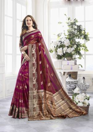 Classy Saree look pretty like never before.Wearing this Magenta Pink And Brown Color Saree which made from Cotton Handloom With Brown Color Cotton Handloom blouse, Saree has also decorative work like Woven Work With Zari.This beautiful Saree features a classy Zari Work Work all over,which makes it a smart pick for all occasions. You can wear this Saree in different styles. Buy Now.
