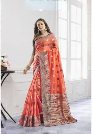 Classy Saree look pretty like never before.Wearing this Orange Color Saree which made from Cotton Handloom With Brown Color Cotton Handloom blouse, Saree has also decorative work like Woven Work With Zari.This beautiful Saree features a classy Zari Work Work all over,which makes it a smart pick for all occasions. You can wear this Saree in different styles. Buy Now.