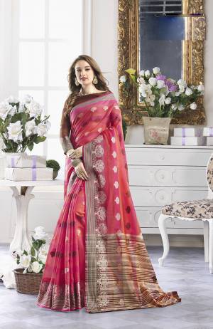 Classy Saree look pretty like never before.Wearing this Pink Color Saree which made from Cotton Handloom With Brown Color Cotton Handloom blouse, Saree has also decorative work like Woven Work With Zari.This beautiful Saree features a classy Zari Work Work all over,which makes it a smart pick for all occasions. You can wear this Saree in different styles. Buy Now.
