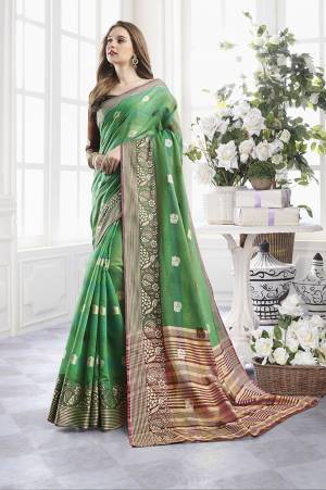Classy Saree look pretty like never before.Wearing this Green Color Saree which made from Cotton Handloom With Brown Color Cotton Handloom blouse, Saree has also decorative work like Woven Work With Zari.This beautiful Saree features a classy Zari Work Work all over,which makes it a smart pick for all occasions. You can wear this Saree in different styles. Buy Now.