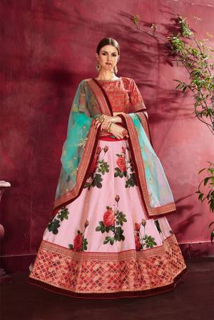 Here Is A Very Pretty Designer Lehenga Choli With Attractive Floral Digital Prints In Red Colored Blouse Paired With Baby Blue Colored Lehenga And Turquoise Blue Colored Dupatta. This Lehenga Choli Is Art Silk Based Paired With Net Fabricated Dupatta. 