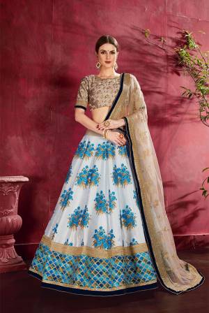 Rich And Elegant Looking Designer Lehenga Choli Is Here In Grey Colored Blouse Paired With Baby Blue Colored Lehenga And Grey Colored Dupatta. Its Blouse Is Silk Based Beautified With Embroidery Paired With Digital Printed Lehenga With Embroidery And Net Fabricated Embroidered Dupatta. Buy Now.