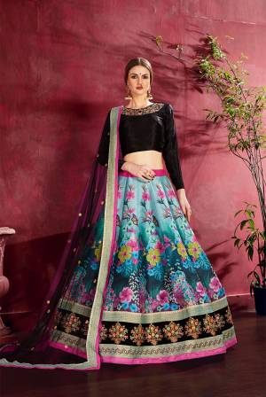New And Unique Look Is Here With This Digital Printed Designer Lehenga Choli In Black Colored Blouse Paired With Blue Colored Lehenga And Black Colored Dupatta. Its Blouse Is Fabricated On Velvet Paired With Art Silk Lehenga And Net Fabricated Dupatta. Buy This Pretty Piece Now.