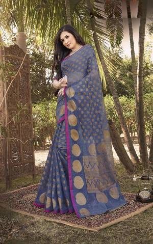 Celebrate This Festive Season With Beauty And Comfort Wearing This Pretty Steel Blue Colored Saree. This Saree Is Fabricated On Handloom Silk Paired With Jacquard Silk Fabricated Blouse. It Is Light Weight, Easy To Drape and Carry All Day Long. 