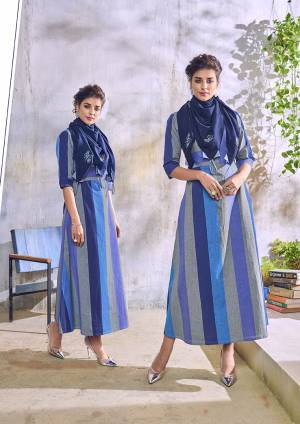 Attract All Wearing This Readymade Kurti In Blue Color Paired With Navy Blue Colored Embroidered Scarf. This Kurti Is Fabricated On Handloom Cotton Paired With Rayon Fabricated Scarf. Buy This Lovely Piece Now.