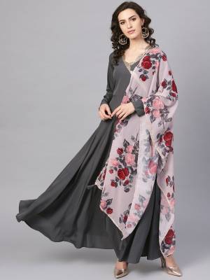 Grab This Beautiful Pair Of Readymade Gown In Dark Grey Color Paired With Mauve Colored Digital Printed Dupatta. This Pretty Gown Is Polyester Based Paired With Georgette Fabricated Dupatta. It Is Available In All Regular Sizes And its Fabric Ensures Superb Comfort all Day Long. 