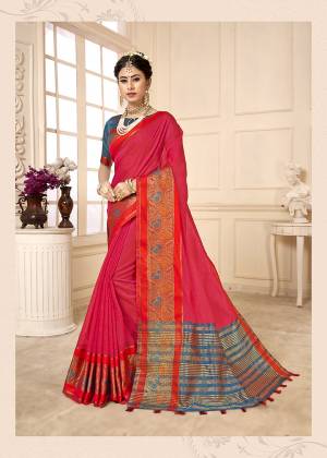 Adorn The Proper Angelic Look Wearing This Lovely Designer Weaved Saree In Dark Pink Color Paired With Contrasting Blue Colored Blouse. This Saree Is Fabricated On Cotton Silk Paired With Art Silk Fabricated Blouse. Its Rich Fabric Will Give An Enahnced Look To Your Personality. 