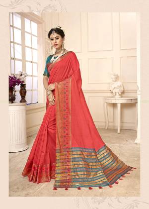 Celebrate This Festive Season With Beauty And Comfort In This Designer Dark Peach Colored Saree Paired With Contrasting Blue Colored Blouse. This Saree Is Cotton Silk Based Paired With Art Silk Fabricated Blouse. 