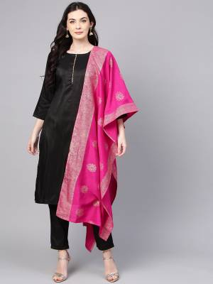 Simple And Elegant Looking Readymade Suit Is Here In Black Color Paired With Contrasting Dark Pink Colored Dupatta. This Pretty Suit Is Fabricated on Poly Silk Which Is Soft Towards Skin And Gives A Rich look To Your Personality. 