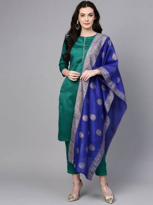 Simple And Elegant Looking Readymade Suit Is Here In Teal Green Color Paired With Contrasting Royal Blue Colored Dupatta. This Pretty Suit Is Fabricated on Poly Silk Which Is Soft Towards Skin And Gives A Rich look To Your Personality. 