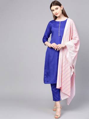 Look Pretty Wearing This Readymade Suit In Royal Blue Color Paired With Contrasting Baby Pink Colored Dupatta. This Pretty Suit Is Fabricated on Poly Silk Paired With Crepe Fabricated Dupatta, Its Fabrics Are Soft Towards Skin And Gives A Rich look To Your Personality. 