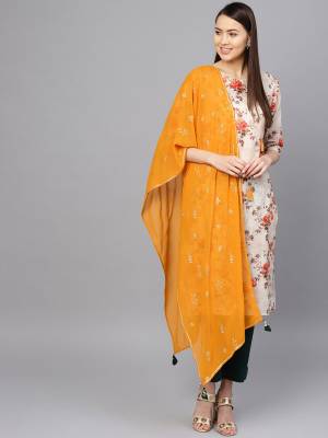 Go Colorful With This Readymade straight Suit In Off-White Colored Top Paired With Dark Green Colored Bottom And Orange Colored Dupatta. Its Top Is Cotton Based Paired With Rayon Bottom And Georgette Fabricated Dupatta. 
