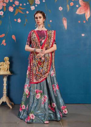 For The Upcoming Festive And Wedding Season, Here Is A Perfect Designer Lehenga Choli In Dark Pink Colored Blouse Paired With Grey Colored Lehenga And Multi Colored Dupatta. This Lehenga Choli Is Silk Based Paired With Tussar Art Silk Fabricated Dupatta. It Pretty Digital Prints Will Earn You Lots Of Compliments From onlookers. 