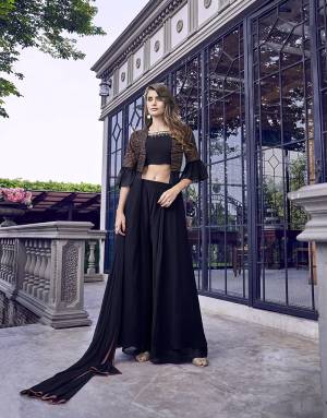 Rich And Elegant Looking Designer Indo-Western Dress Is Here In Navy Blue Color. Its Blouse, Bottom And Jacket Are Fabricated On Georgette Paired With Chiffon Fabricated Dupatta. 