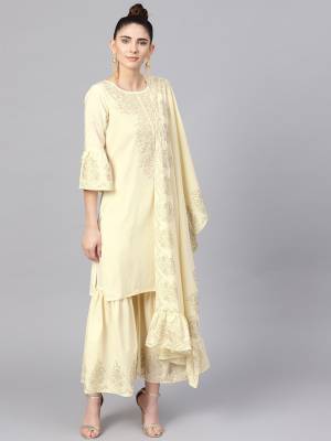 Flaunt Your Rich And Elegant Taste Wearing This Designer Readymade Suit In All Over Cream Color. Its Top, Bottom And Dupatta Are Fabricated on Crepe Which Is Soft Towards Skin and Ensures Superb Comfort All Day Long. 