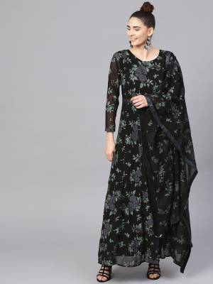 Here Is Pretty Printed Long Suit For Your Semi-Casual Wear In Black Color Paired With Black Colored Dupatta. Its Long Readymade TopIs Polyester Based Paired With Georgette Fabricated Dupatta. 