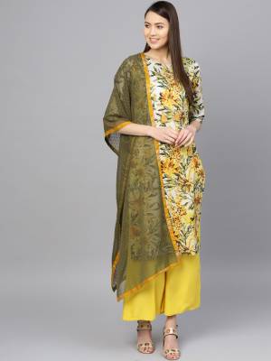 Comfort Comes First When You Choose Your New Outfit, So Grab This Light Weight Readymade Suit In Multi Colored Top Paired With Yellow Colored Bottom And Olive Green Colored Dupatta. Its Top Is Fabricated On Cotton Paired With Rayon Bottom And Georgette Fabricated Dupatta. 