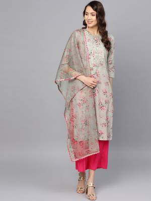 Grab This Designer Readymade Kurti In Grey Color Paired With A Very Pretty Grey Colored Dupatta. This Kurti Is Fabricated on Muslin Paired With Net Fabricated Floral Printed Dupatta. 