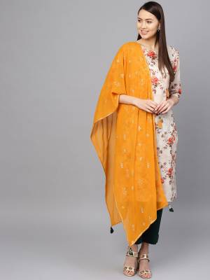 Grab This Readymade Straight Suit In Off-White Color Paired With Dark Green Colored Bottom And Musturd Yellow Colored Dupatta. Its Top Is Fabricated on Cotton Paired With Rayon Bottom And Georgette Fabricated Dupatta. 
