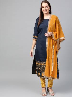 For Your Semi-Casual Wear, Grab This Readymade Suit In Navy Blue Colored Top Paired With Contrasting Yellow Colored Bottom and Dupatta. Its Top Is Fabricated On Art Silk Paired With Crepe Bottom And Georgette Fabricated dupatta. Buy Now.