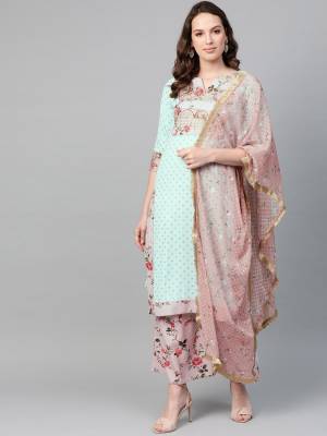 Look Pretty In This Designer Readymade Suit With Pretty Color  Pallete In Aqua Bkue Colored Top Paired With Dusty Pink Colored Bottom And Dupatta. Its Top And Bottom Are Fabricated On Crepe Paired With Chiffon Fabricated Dupatta. 