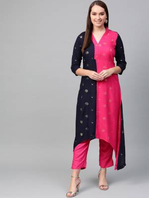 New And Unique Patterned Designer Readymade Kurta Set Is Here In Dark Pink And Navy Blue. This Lovely Set Is Fabricated On Rayon With Asymteric Hem Line Pattern.