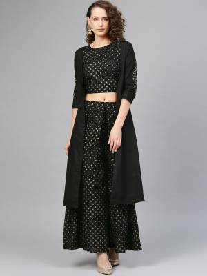 Grab This Designer Readymade Piece In All over Black Color. Its Blouse, Bottom and Jacket Are Fabricated Cotton Which Is Light Weight And easy To Carry All Day Long. 