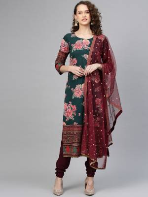 For a Bold And Beautiful Look, Grab This designer Readymade Suit In Dark Green Colored Top Paired With Maroon Colored Bottom And Dupatta. Its Printed Top and Bottom Are Polyester Based Paired With Net Fabricated Dupatta. 