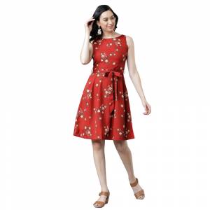 Grab This Lovely Readymade One Piece In Red Color Fabricated on Crepe. It Is Beautified With Floral Prints Giving A Cute Look The Dress. Also It Is Light Weight, And Its Fabric Is Soft Towards Skin Which Is Easy To Carry All Day Long. 