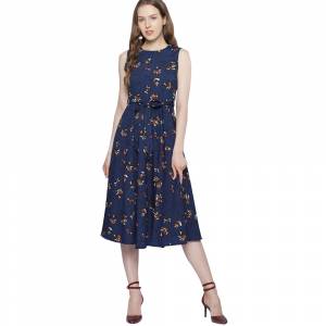 Look Pretty In This Floral Printed Readymade One Piece In Navy Blue Color. This Pretty Piece Is Fabricated on Crepe And Available In All Regular Sizes. Buy Now.