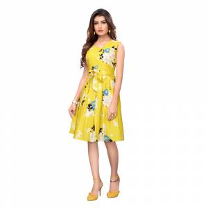 Look Pretty In This Floral Printed Readymade One Piece In Yellow Color. This Pretty Piece Is Fabricated on Crepe And Available In All Regular Sizes. Buy Now.