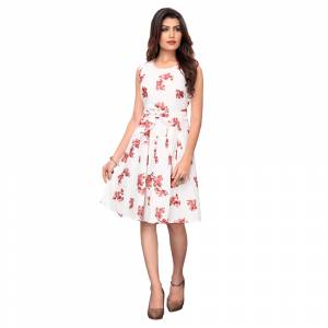 Look Pretty In This Floral Printed Readymade One Piece In White Color. This Pretty Piece Is Fabricated on Crepe And Available In All Regular Sizes. Buy Now.
