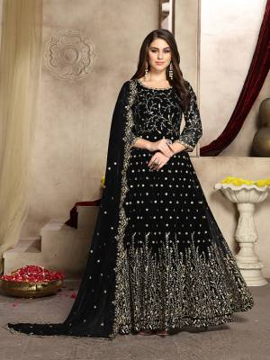 Here Is A Prefect Outfit For This Festive And Wedding Season Wearing This Heavy Designer Floor Length Suit In Black Color. Its Embroidered Floor Length Top And Dupatta are fabricated on Georgette Paired With Santoon Bottom. It Is Light In Weight and Easy To Carry All Day Long. Buy Now.
