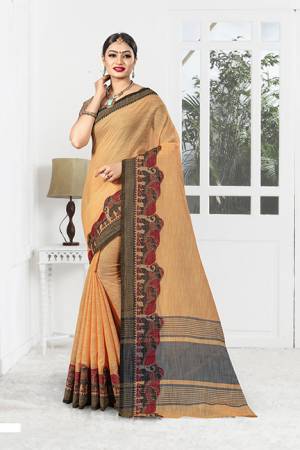Celebrate This Festive Season With Beauty And Comfort Wearing This Designer Saree With Weaved Border In Light Orange. This Saree And Blouse Are Fabricated Linen Which Gives A Rich Look To Your Personality. 