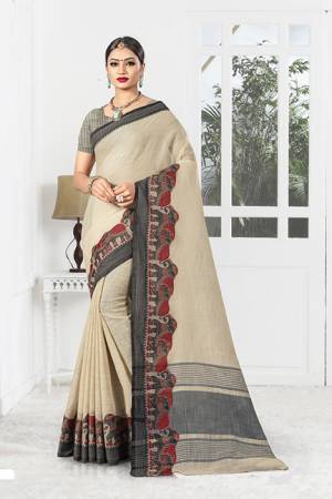 Celebrate This Festive Season With Beauty And Comfort Wearing This Designer Saree With Weaved Border In Cream. This Saree And Blouse Are Fabricated Linen Which Gives A Rich Look To Your Personality. 