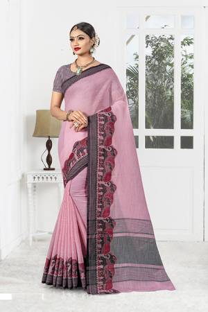 Look Pretty Wearing This Designer Saree In Pink Color. This Saree And Blouse are Linen Based Beautified With Weaved Lace Border. Its Fabric Is Rich And Durable And Will Definitely Earn You Lots Of Compliments From Onlookers. 