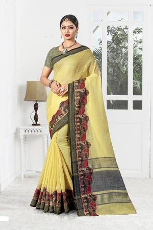 Celebrate This Festive Season With Beauty And Comfort Wearing This Designer Saree With Weaved Border In Yellow. This Saree And Blouse Are Fabricated Linen Which Gives A Rich Look To Your Personality. 