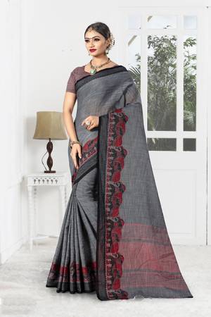 Celebrate This Festive Season With Beauty And Comfort Wearing This Designer Saree With Weaved Border In Grey. This Saree And Blouse Are Fabricated Linen Which Gives A Rich Look To Your Personality. 