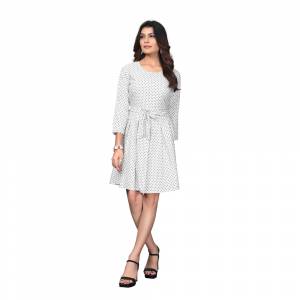 Look Pretty In This Polka Dots Printed Readymade One Piece In White Color. This Pretty Piece Is Fabricated on Crepe And Available In All Regular Sizes. Buy Now.