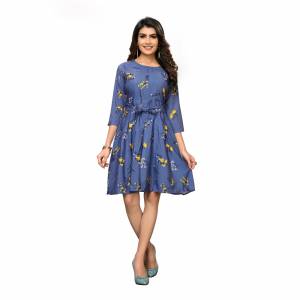 Look Pretty In This Floral Printed Readymade One Piece In Blue Color. This Pretty Piece Is Fabricated on Crepe And Available In All Regular Sizes. Buy Now.