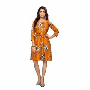 Grab This Lovely Readymade One Piece In Rust Orange Color Fabricated on Crepe. It Is Beautified With Floral Prints Giving A Cute Look The Dress. Also It Is Light Weight, And Its Fabric Is Soft Towards Skin Which Is Easy To Carry All Day Long. 