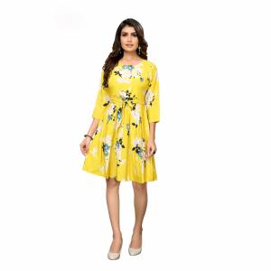 Look Pretty In This Floral Printed Readymade One Piece In Yellow Color. This Pretty Piece Is Fabricated on Crepe And Available In All Regular Sizes. Buy Now.