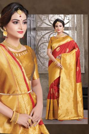 Grab This Designer Silk Based Saree In Red Color Paired With Golden Colored Blouse. This Saree And Blouse Are Fabricated On Art Silk Beautified With Weave All Over. Buy Now.
